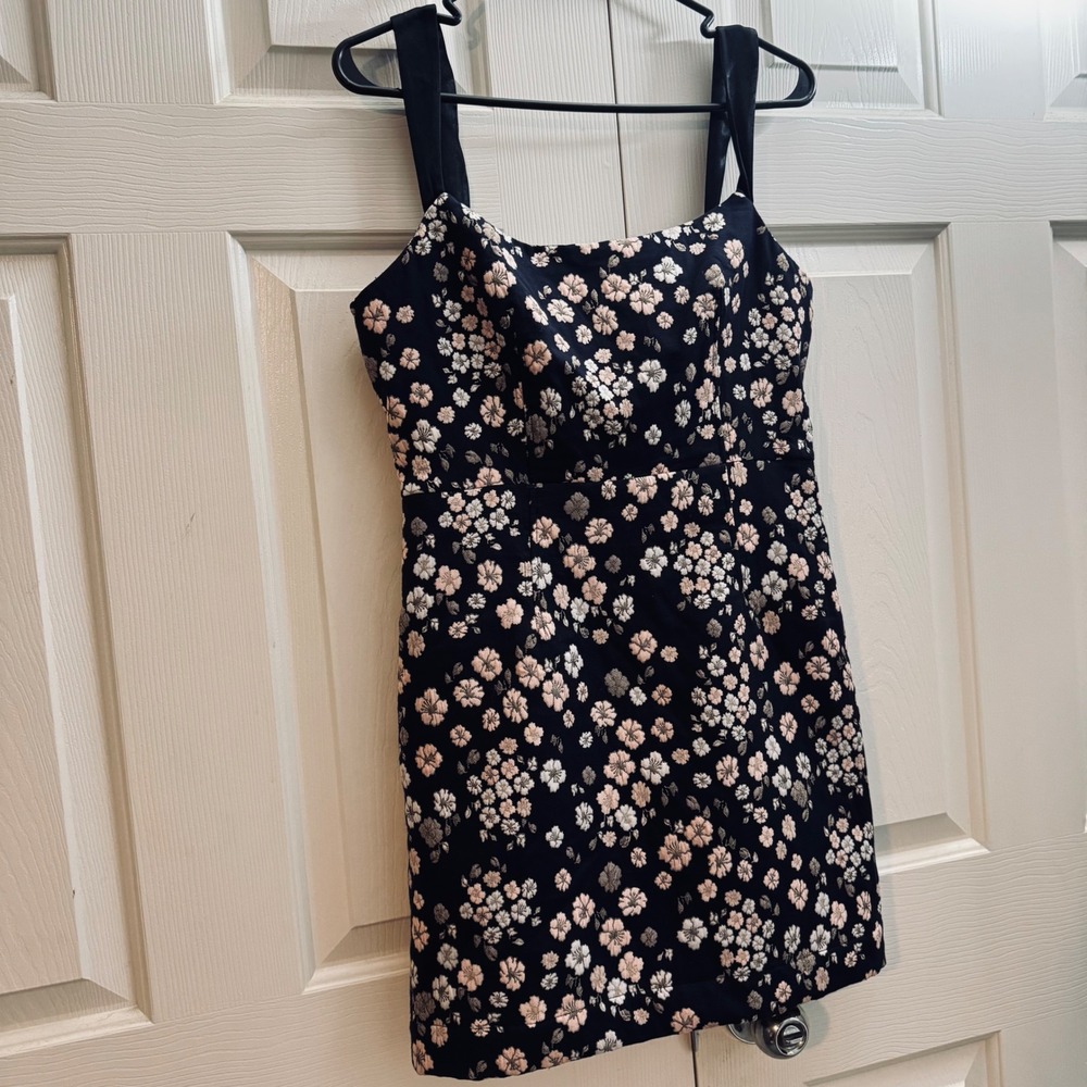 Maeve Anthropologie Floral Jacquard Mini Dress Navy Pink Gold Square Neck Size 6 - Picture 10 of 10